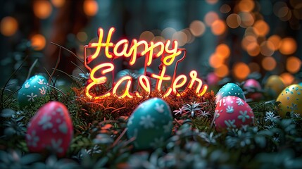 Happy Easter lightning background, Easter eggs background , Generative Ai 