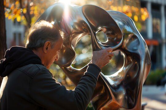 man examining a metal abstract statue under sunlight