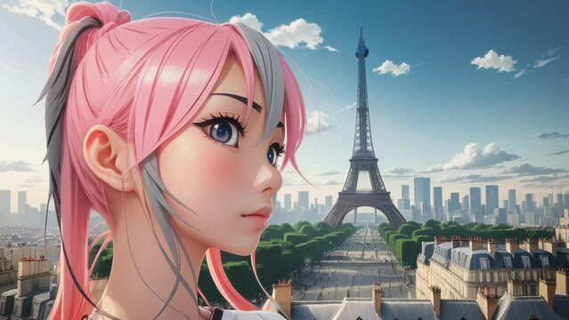 A cartoon asian girl with pink and gray hair, perfect symmetrical face and big eyes is in Paris near Eiffel Tower. Animation in the style of anime with zoom effect. High quality 4k footage