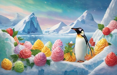 A penguin and many colorful ice creams taking a photo in the icy and snowy sky. AI generated. - obrazy, fototapety, plakaty