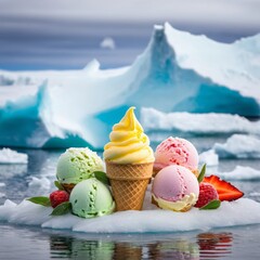 A group of ice cream cones are sitting on top of a block of ice. Ice cream and berries on polar. AI generated.