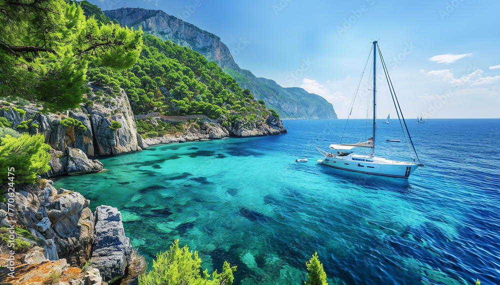 Canvas Prints Panoramic view of a luxury yacht sailing in the Mediterranean Sea wide