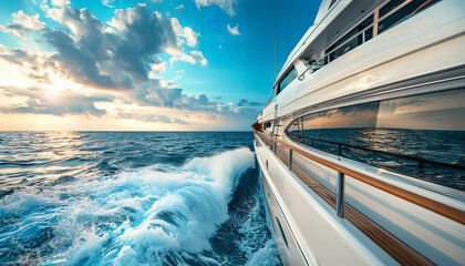 Fototapeta premium Panoramic view of a luxury yacht sailing in the Mediterranean Sea wide
