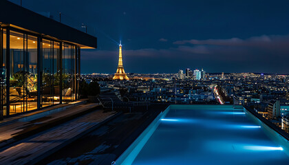 Luxury penthouse with a stunning city view at night at Paris - obrazy, fototapety, plakaty