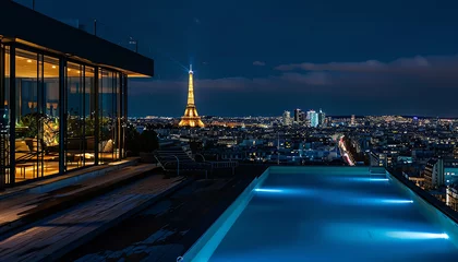 Tafelkleed Luxury penthouse with a stunning city view at night at Paris © Davivd