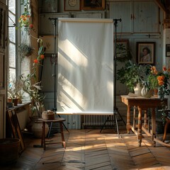 roll of diffusion paper on a c-stand in a photography studio, studio monolight, wooden table