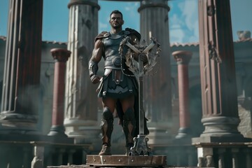 gladiator standing victorious on a podium with a metal laurel