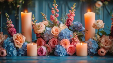 Served wedding table with decorative fresh pink, blue flowers and candles. Celebration details. Wedding decoration and decor, floristic concept  - obrazy, fototapety, plakaty