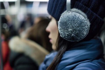 closeup of earmuffs on a woman in a subway - obrazy, fototapety, plakaty