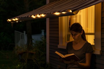 woman reading a book under a lit porch awning