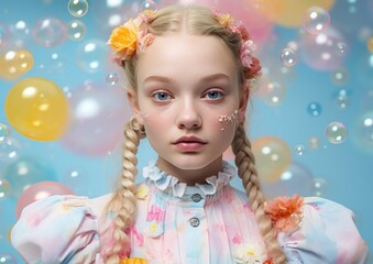 Fototapeta na wymiar Blonde girl with braids, pastel outfit, and whimsical bubble background