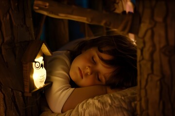 sleeping child in a treehouse bed, owl nightlight on