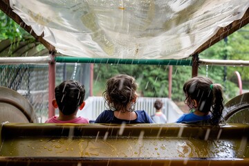 preschoolers watching rain from a covered slide - obrazy, fototapety, plakaty