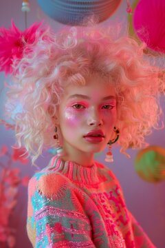 Close-up of a woman with curly hair and glittery makeup wearing a bedazzled sweater in front of festive background