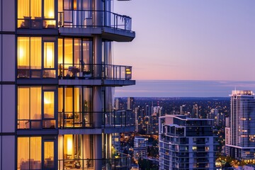 panoramic view of a luxury apartment tower at dusk