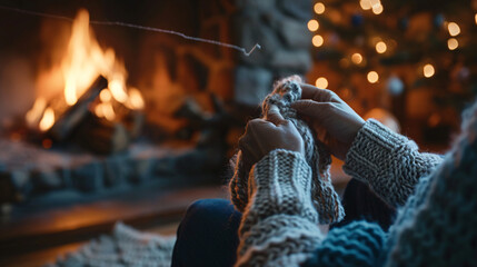 A cozy evening knitting session by the fireplace hands skillfully working the yarn. - obrazy, fototapety, plakaty