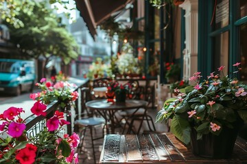 Street veranda of a cafe decorated with flowers on a city street, morning and sunlight. City life. Generated ai