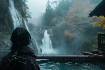 overtheshoulder view of person looking at waterfall from onsen - obrazy, fototapety, plakaty