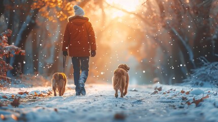 Man walking with his dogs in winter landscape