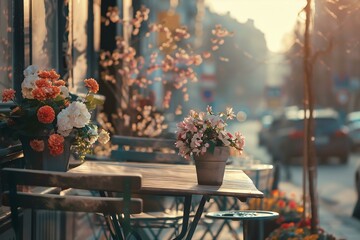 Street veranda of a cafe decorated with flowers on a city street, morning and sunlight. City life. Generated ai - obrazy, fototapety, plakaty