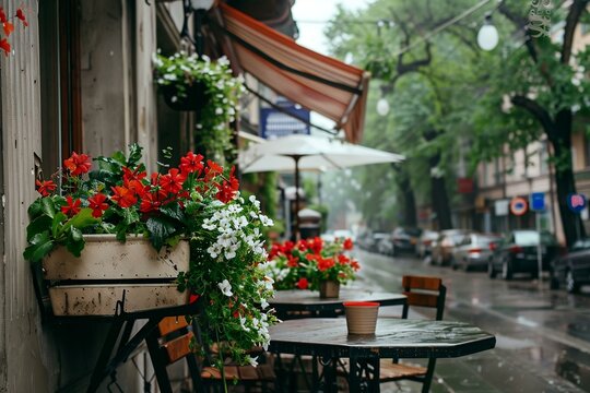 Street veranda of a cafe decorated with flowers on a city street, morning and sunlight. City life. Generated ai