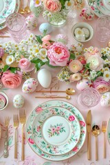 An exquisitely set table for spring featuring blossoms, floral plates, and delicate pink touches
