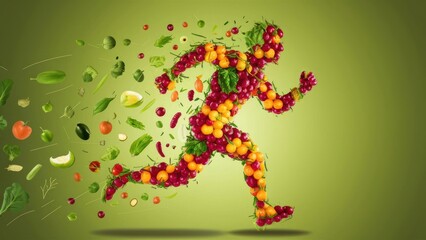 Fototapeta premium Running man made from fruit and vegetables. Concept on theme healthy lifestyle. Healthy lifestyle on ketogenic diet