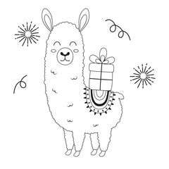 cartoon llama with gift