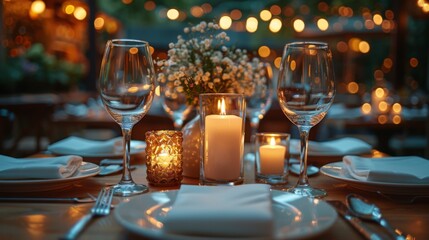 Tables set for an event party or wedding reception. luxury elegant table setting dinner in a restaurant. glasses and dishes.  - obrazy, fototapety, plakaty