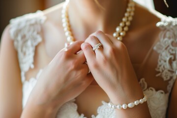 closeup of bride clasping pearl necklace around her neck - obrazy, fototapety, plakaty