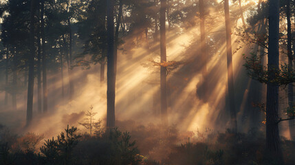 A mysterious foggy forest at dawn with rays of light filtering through the mist and trees. - obrazy, fototapety, plakaty