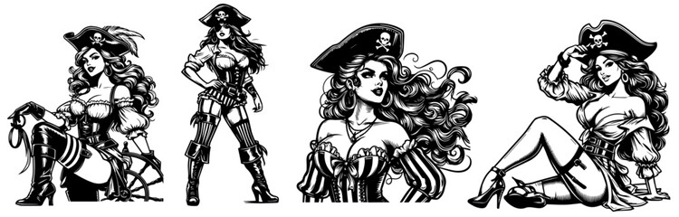 pirate pin-up girl black vector