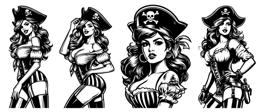 pirate pin-up girl black vector