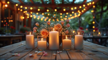 Wedding  table setting. hall decoration with a lot of string lights and candles. festive table decor on the terrace --ar 16:9 --style raw --stylize 1000 Job ID: 5e55d803-6185-43f9-9cf1-002e563487d8