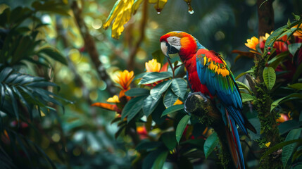 Amazon red macaw parrot in a colorful portrait set against the lush jungle backdrop presence, the side view of the wild a parrot's head against the verdant green background