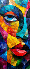 Colorful abstract background with woman's face. Multicolored mosaic.