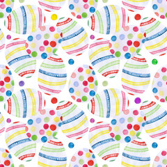 Watercolor colorful eggs pattern illustration for Easter egg hunt.  White eggs with rainbow spots and lines - 770627274