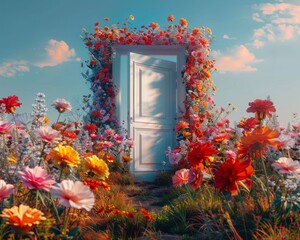 Enchantment awaits beyond a white door amidst a field of lively flowers, hinting at magical realms beyond - obrazy, fototapety, plakaty