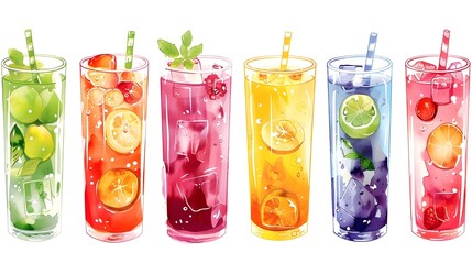 summer cold iced drinks with mint leaves orange lime glass of drink with straw orange yellow blue green red colors