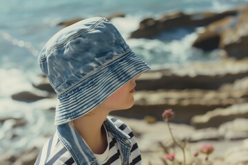 person with denim bucket hat, striped shirt, beachside - obrazy, fototapety, plakaty