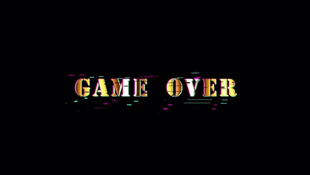 Animation text of Game Over gold neon glitch text effect cinematic title abstract  backgroud. Element for Isolated transparent video animation text with alpha channel using Quick time proress 444