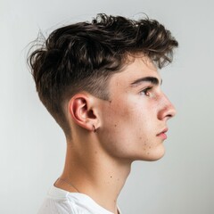 Naklejka premium young man, side profile, low haircut, white background