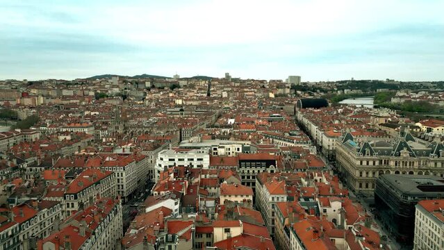 Aerial shot of Lyon. Drone view from above of the central historic part of the city. Auvergne-Rhone-Alpes, France