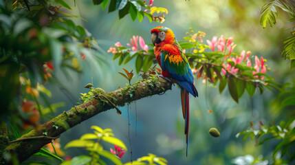 Amazon red macaw parrot in a colorful portrait set against the lush jungle backdrop presence, the side view of the wild a parrot's head against the verdant green background