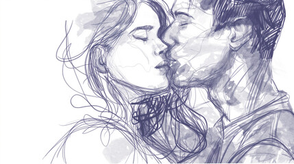 Esboço de desenho de um casal apaixonado se beijando 
