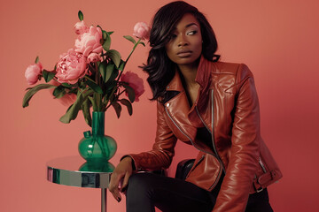 Woman in a terracotta leather jacket sitting next to a vase of pink peonies on a pink background. Fashion and floral concept for design and print. Studio portrait with a modern look.