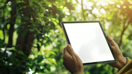 Fototapeta na wymiar pessoa segurando um tablet nas mãos na floresta - mockup