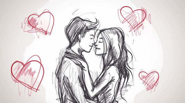 Esboço de desenho de um casal apaixonado se beijando 