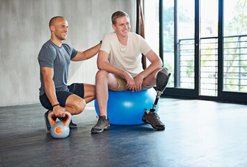 Personal trainer, man with disability or leg in fitness, exercise or strength training for health....