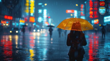 stormy night,  thunder and pedestrians walking on the road with umbrellas